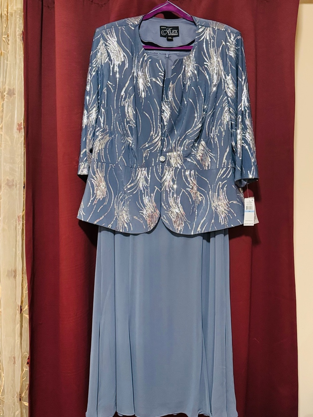 Alex Evenings Dusty Blue Midi Dress with Silver Sequin Jacket